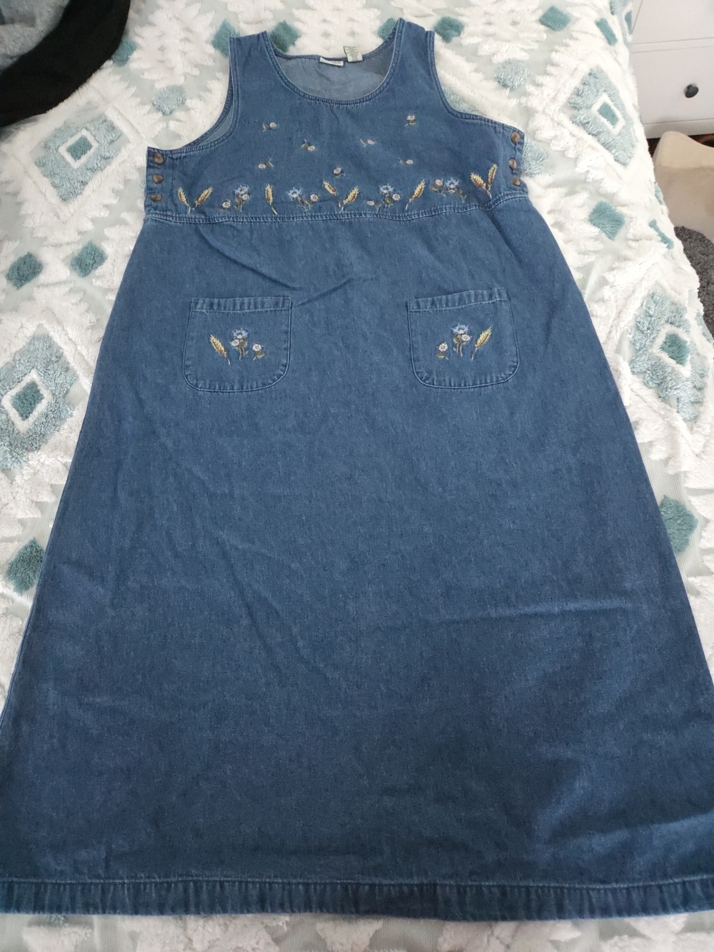 Vintage Classic Elements Floral Embroidery Denim Overall Dress 16\18W Women’s